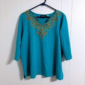 Bob Mackie Wearable Art Turquoise Beaded Embroidered V Neck Tunic Top 1X